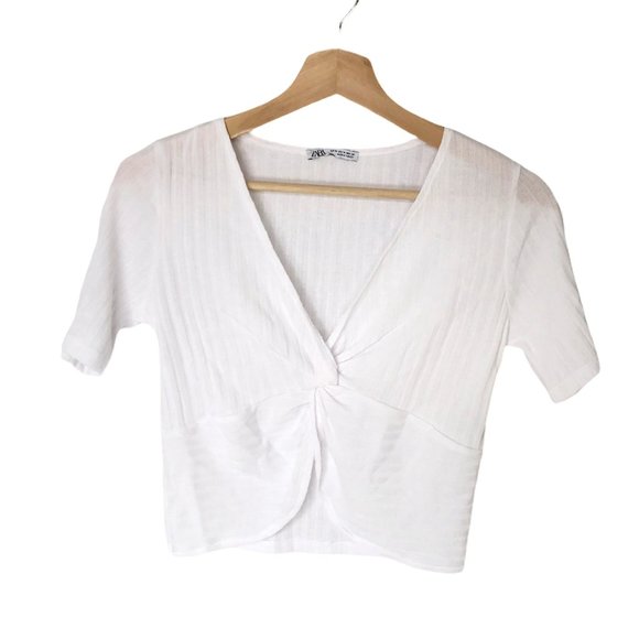 Zara White Front Knotted Crop Top Size M NWOT - Picture 1 of 5